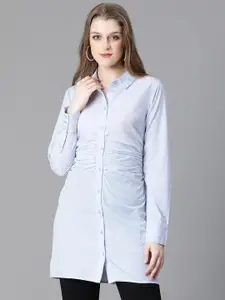 Oxolloxo India Slim Spread Collar Gathers Longline Cotton Casual Shirt