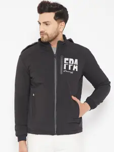 Camey Typography Printed Hooded Neck Long Sleeves Lightweight Bomber Jacket