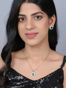 Adwitiya Collection Rhodium-Plated AD Stone-Studded Pendant & Earrings