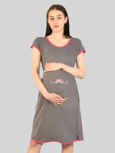 SillyBoom Women Printed Round Neck Maternity Night Dress