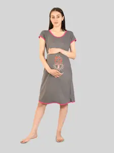 SillyBoom Women Printed Round Neck Maternity Night Dress