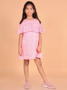 BAESD Girls Floral Printed Cold-Shoulder Sleeves Pure Chiffon Ruffled A-Line Dress