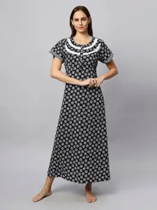 ETC Black Floral Printed Pure Cotton Maxi Nightdress