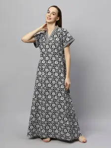 ETC Black Floral Printed Pure Cotton Maxi Nightdress