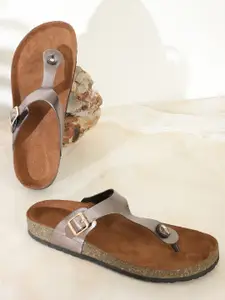 MOZAFIA Buckle Detailed T-Strap Flats