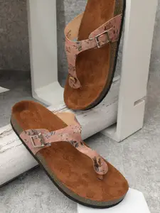 MOZAFIA Printed T-Strap Flats With Buckle Detail