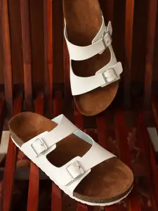 MOZAFIA Two Strap Open Toe Flats With Buckle Detail