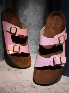 MOZAFIA Two Strap Open Toe Flats With Buckle Detail
