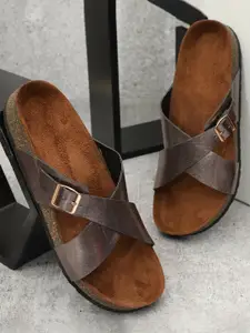 MOZAFIA Cross Strap Open Toe Flats With Buckle Detail