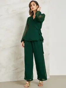 Styli Lapel Collar Wrap Top With Trousers Co-Ords