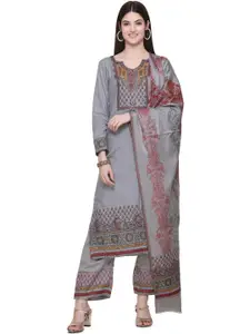 KIDAR Grey & Red Embroidered Viscose Rayon Unstitched Dress Material