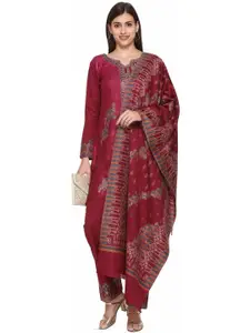 KIDAR Maroon & Blue Embroidered Viscose Rayon Unstitched Dress Material