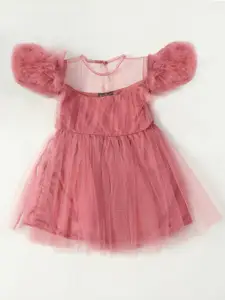 Bella Moda Girls Self Designed Round Neck Net Fit & Flare Dress