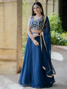 LOOKNBOOK ART Navy Blue Embroidered Sequinned Semi-Stitched Lehenga & Unstitched Blouse With Dupatta