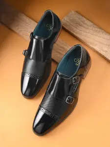 House of Pataudi Men Textured Double Strap Formal Monk Shoes