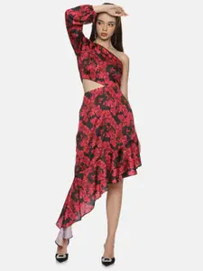 ISU Floral Printed One Shoulder Cut Out Satin A-Line Midi Dress