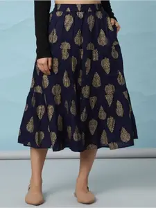 Aila Ethnic Motifs Printed Gathered Detailed Flared Midi Skirt