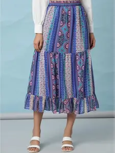 Aila Ethnic Printed Mid-Rise Gathered Tiered Midi Skirt