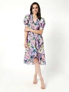 Zima Leto Floral Printed Puff Sleeves High-Low Wrap Midi Dress