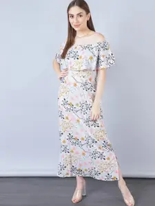 Aila Floral Printed Off-Shoulder Cape Sleeves Sheath Maxi Dress