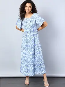 Aila Floral Printed Cotton Flared Sleeves Tiered Maxi Dress