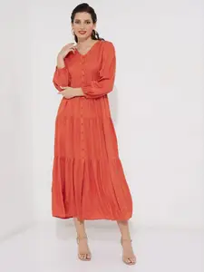 Aila V-Neck Puff Sleeves Gathered Detailed A-Line Midi Dress