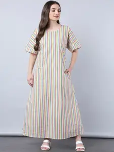 Aila Short Sleeves Striped Cotton A-Line Maxi Dress