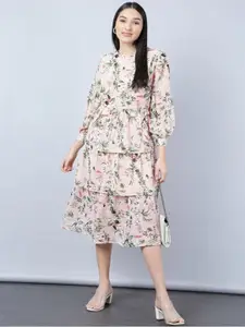 Aila Floral Printed Layered Cotton Fit & Flare Midi Dress