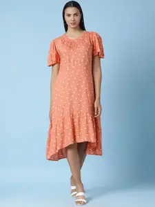 Aila Polka Dot Print Flared Sleeves Pleated A-Line Dress