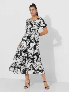 Aila Floral Printed Square Neck Midi Fit & Flare Dress