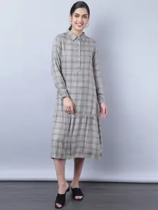 Aila Checked Shirt Collar A-Line Midi Dress