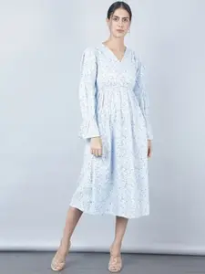 Aila Floral Printed V-Neck Bell Sleeves A-Line Midi Dress