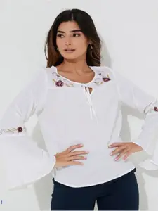 Aila Floral Embroidered Tie-Up Neck Bell Sleeves Cotton Top