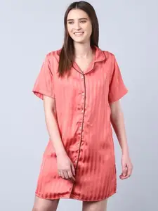 Aila Striped Lapel Collar Short Sleeves Shirt Nightdress