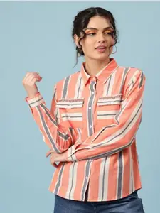 Aila Striped Shirt Collar Cuffed Sleeves Cotton Shirt Style Top