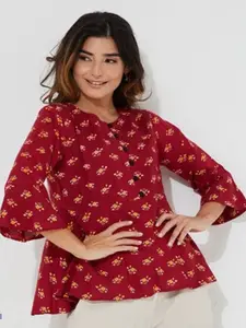 Aila Floral Printed Bell Sleeves Cotton A-Line Top