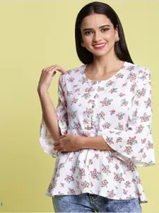 Aila Floral Printed Bel Sleeves Cotton Cinched Waist Top