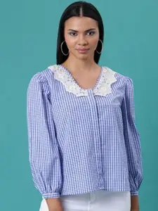 Aila Checked V-Neck Cuffed Sleeves Cotton Shirt Style Top