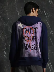 Breakbounce Navy Blue Graphic Printed Cotton Hooded Pullover