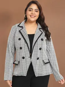 wild U Plus Size Tailored Fit Checked Notched Lapel Long Sleeves Double Breasted Blazer