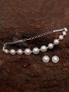 Mirana Rhodium-Plated Cubic Zirconia & Pearl Studded Necklace Set