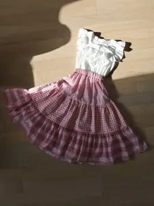 StyleCast Girls White Colourblocked Square Neck Ruffled Fit & Flare Knee Length Dress