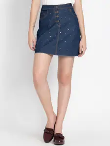 SHAYE Premium Washed Cotton Denim All Over Sequin Embroidery & Metal Button Short Skirt