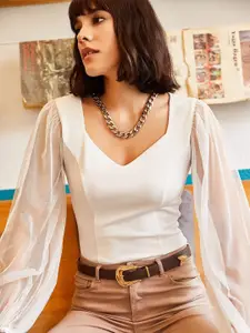 Olalook Sweetheart Neck Bishop Sleeves Semi Sheer Fitted Top