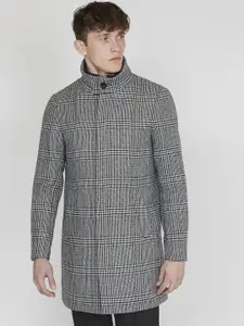 Matinique Checked Stand Collar Single-Breasted Hip Length Overcoat