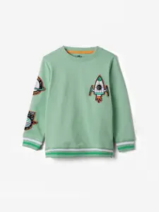 The Souled Store Boys Green Graphic Printed Pullover Pure Cotton Sweatshirt