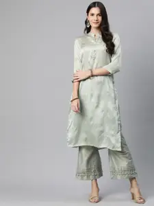 Readiprint Floral Embroidered Mandarin Collar Sequinned Pure Silk Kurta
