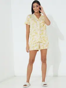 Aila Floral Printed Lapel Collar Shirt & Shorts