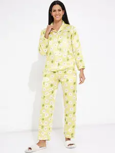 Aila Floral Printed Lapel Collar Pure Cotton Long Sleeves Night Suits