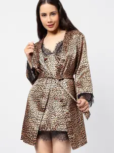 HAUTE SAUCE by  Campus Sutra Brown Animal Printed Satin Nightdress & Coat